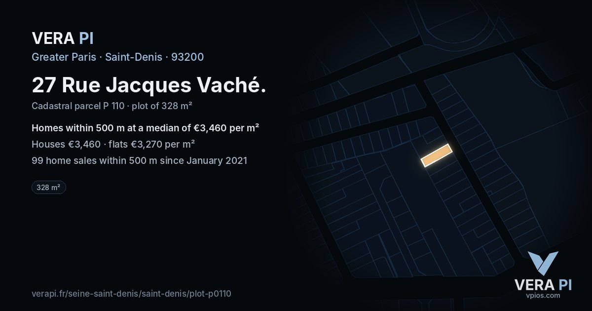27 Rue Jacques Vaché, Saint-Denis at night – the plot lit, the parcels around coloured by the prices near them