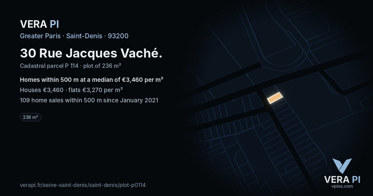 30 Rue Jacques Vaché, Saint-Denis at night – the plot lit, the parcels around coloured by the prices near them