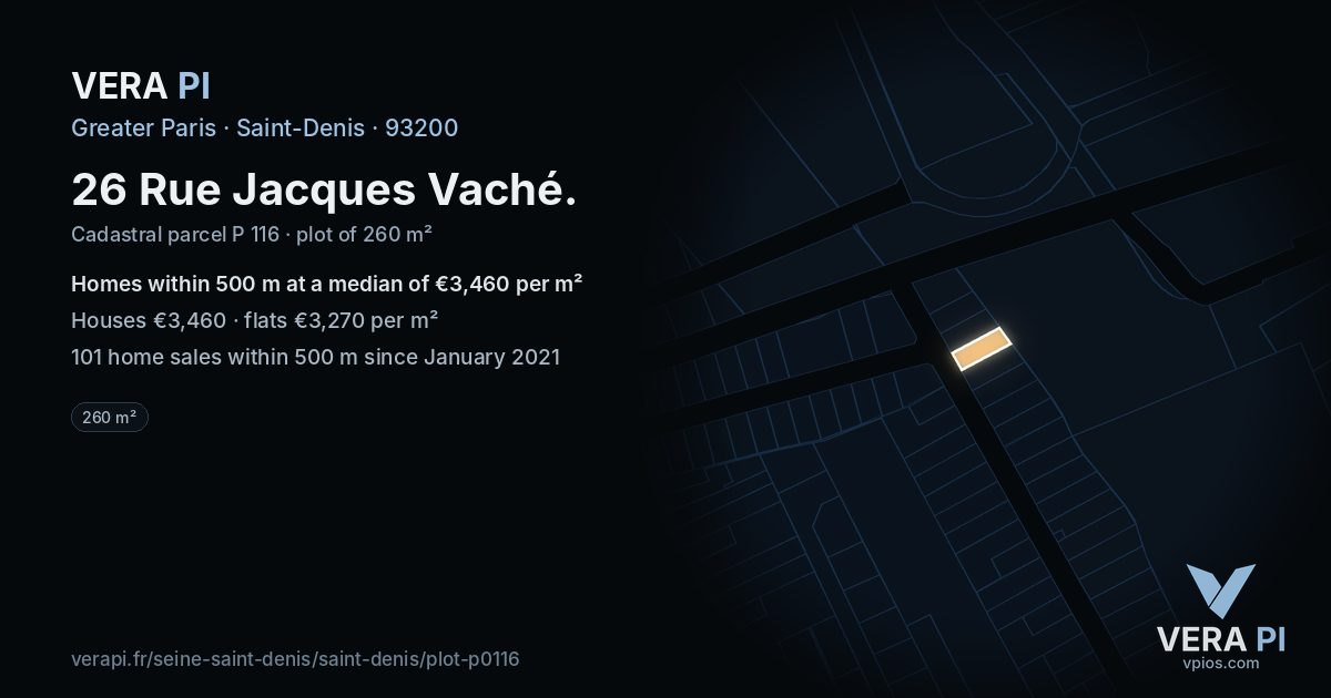 26 Rue Jacques Vaché, Saint-Denis at night – the plot lit, the parcels around coloured by the prices near them