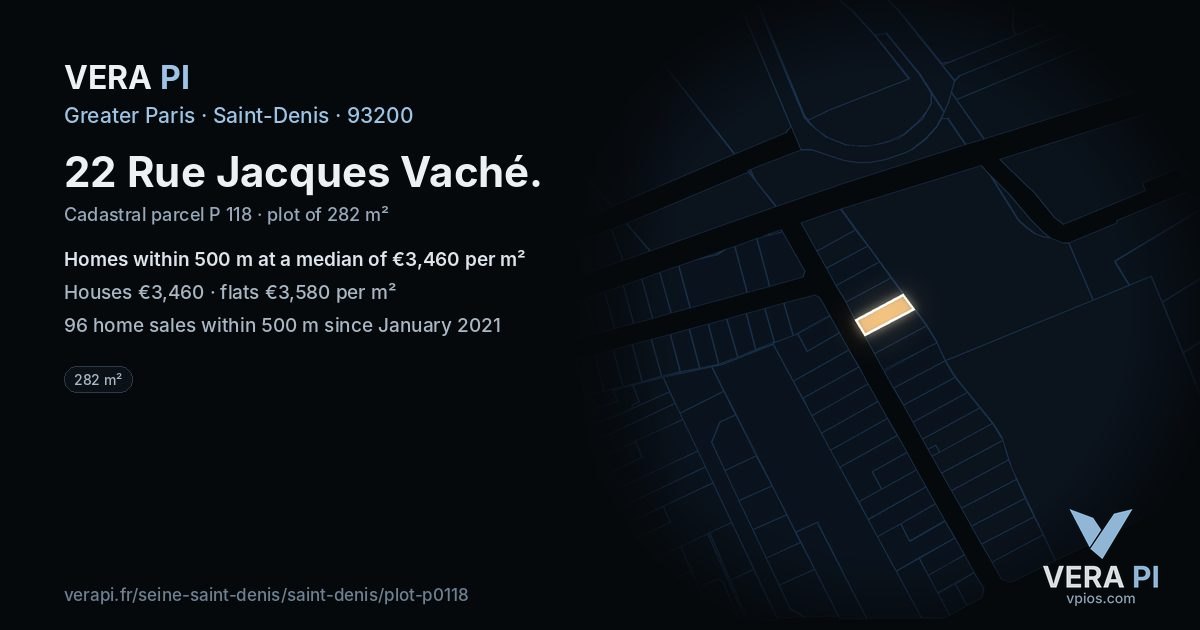 22 Rue Jacques Vaché, Saint-Denis at night – the plot lit, the parcels around coloured by the prices near them