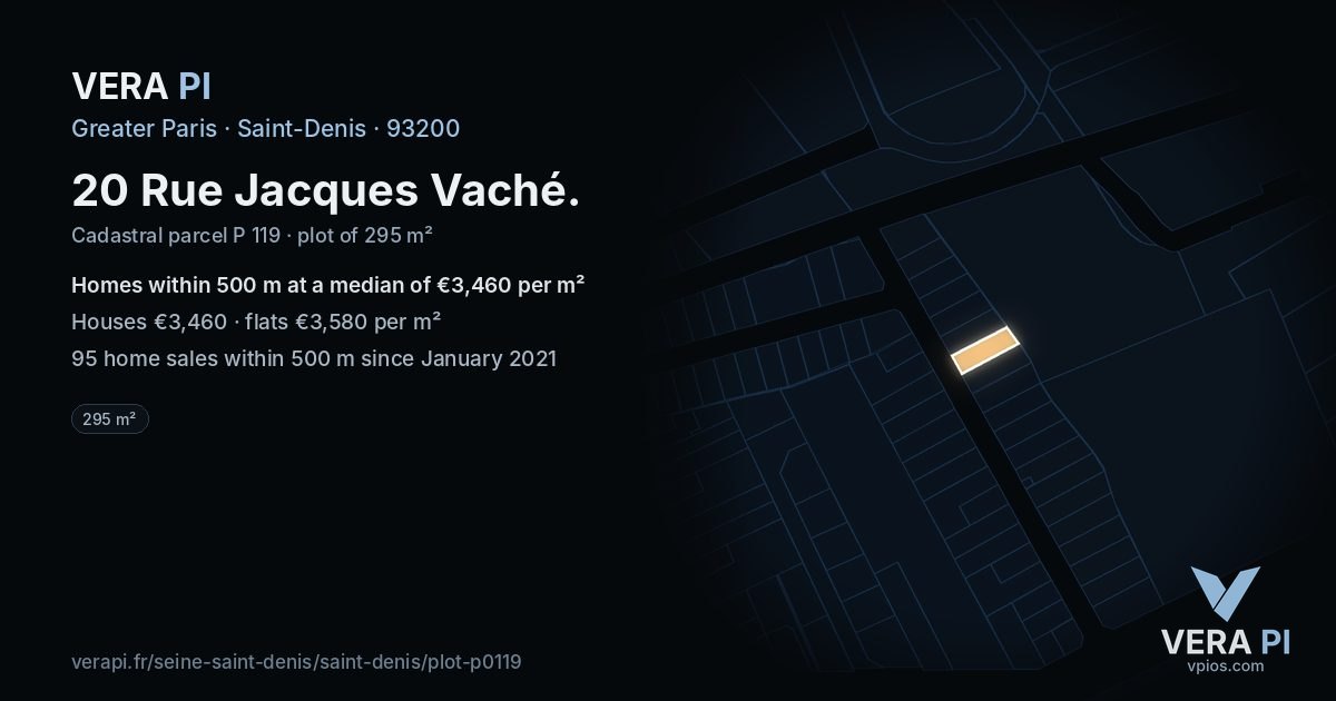 20 Rue Jacques Vaché, Saint-Denis at night – the plot lit, the parcels around coloured by the prices near them