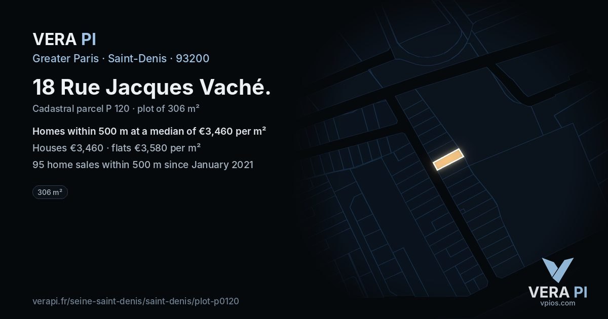 18 Rue Jacques Vaché, Saint-Denis at night – the plot lit, the parcels around coloured by the prices near them
