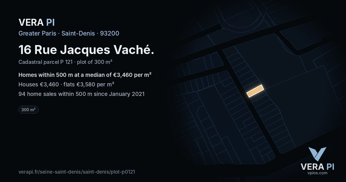 16 Rue Jacques Vaché, Saint-Denis at night – the plot lit, the parcels around coloured by the prices near them