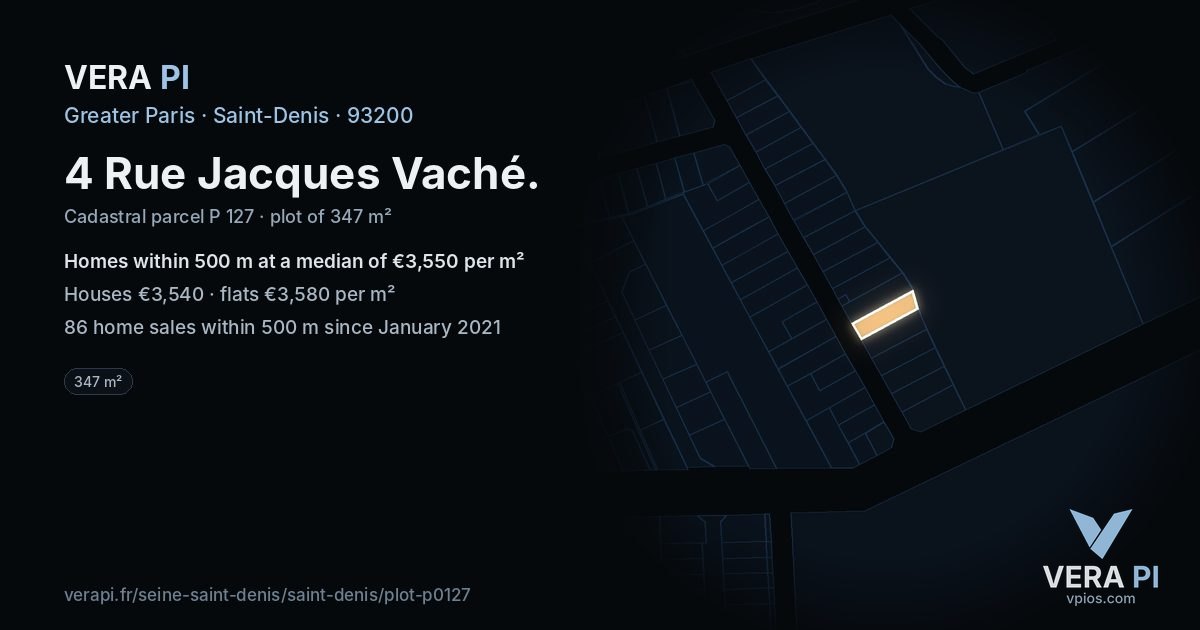 4 Rue Jacques Vaché, Saint-Denis at night – the plot lit, the parcels around coloured by the prices near them