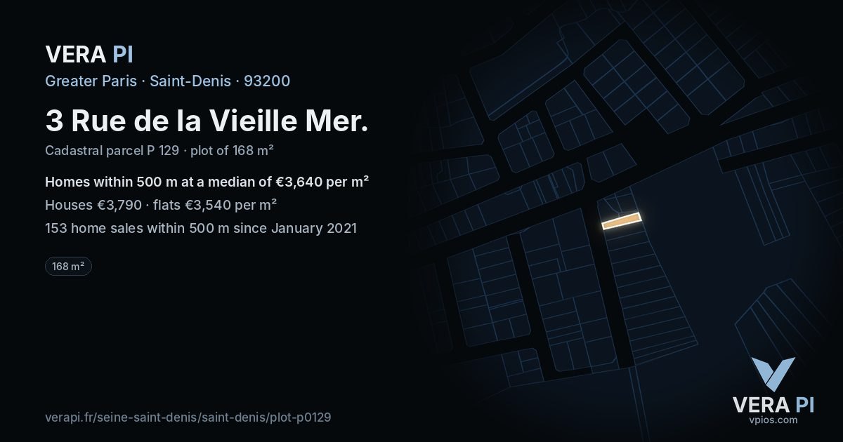 3 Rue de la Vieille Mer, Saint-Denis at night – the plot lit, the parcels around coloured by the prices near them