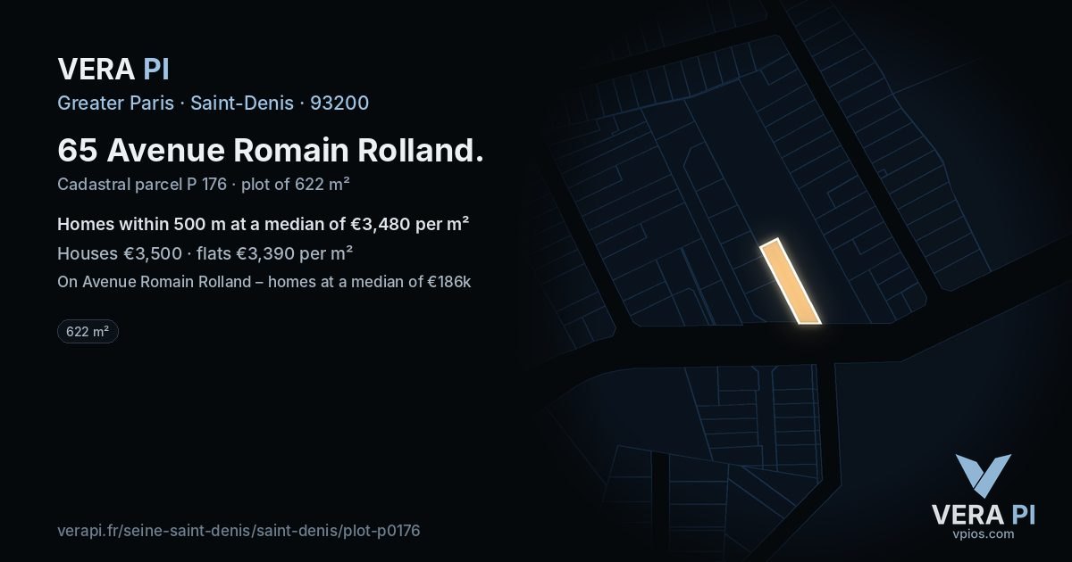 65 Avenue Romain Rolland, Saint-Denis at night – the plot lit, the parcels around coloured by the prices near them