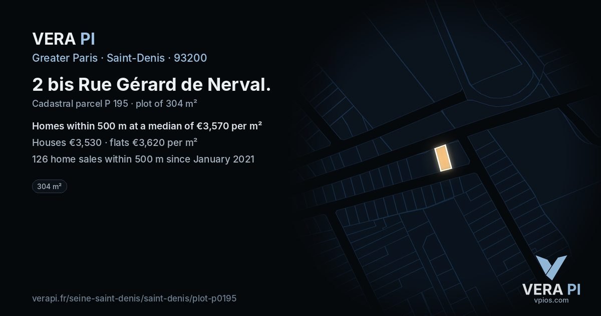 2 bis Rue Gérard de Nerval, Saint-Denis at night – the plot lit, the parcels around coloured by the prices near them