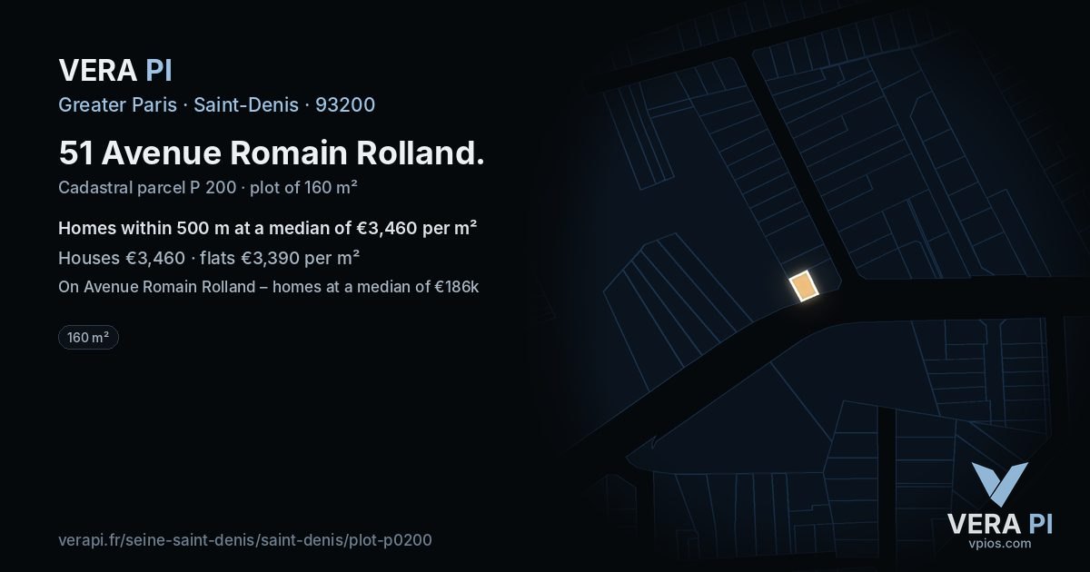 51 Avenue Romain Rolland, Saint-Denis at night – the plot lit, the parcels around coloured by the prices near them
