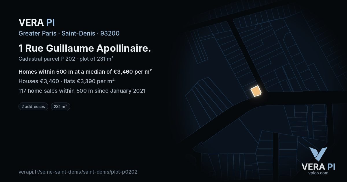 1 Rue Guillaume Apollinaire, Saint-Denis at night – the plot lit, the parcels around coloured by the prices near them