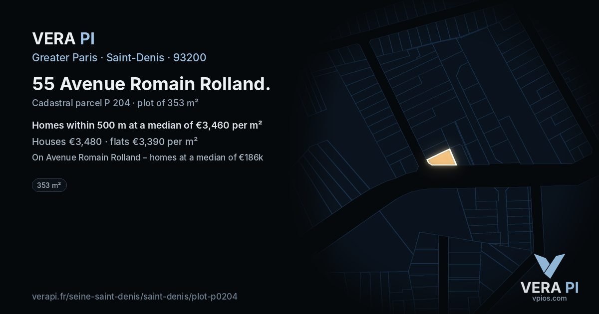 55 Avenue Romain Rolland, Saint-Denis at night – the plot lit, the parcels around coloured by the prices near them
