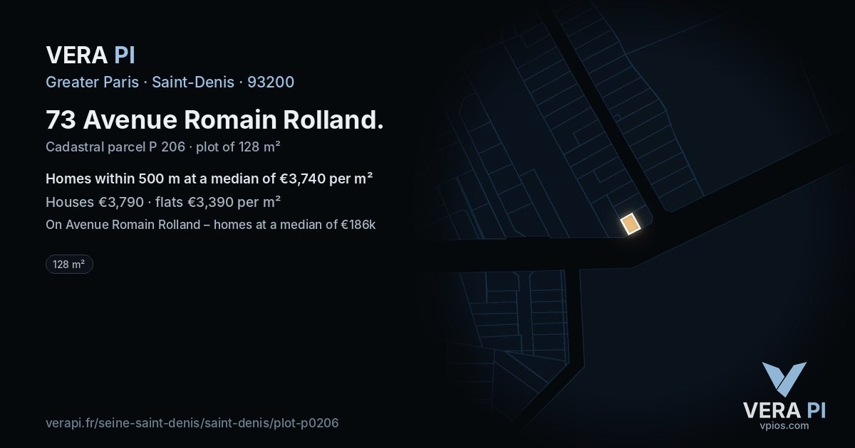 73 Avenue Romain Rolland, Saint-Denis at night – the plot lit, the parcels around coloured by the prices near them