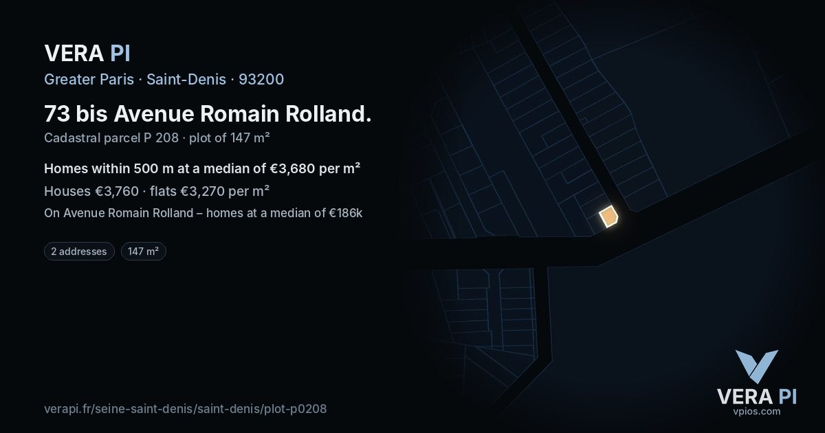 73 bis Avenue Romain Rolland, Saint-Denis at night – the plot lit, the parcels around coloured by the prices near them