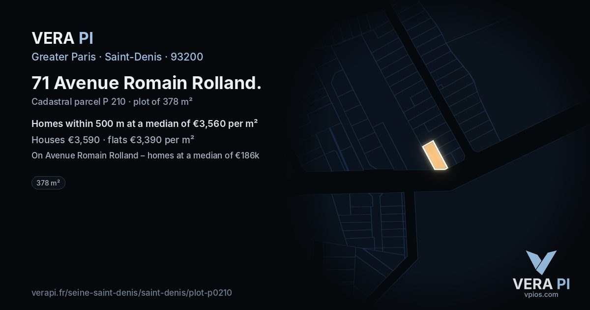 71 Avenue Romain Rolland, Saint-Denis at night – the plot lit, the parcels around coloured by the prices near them