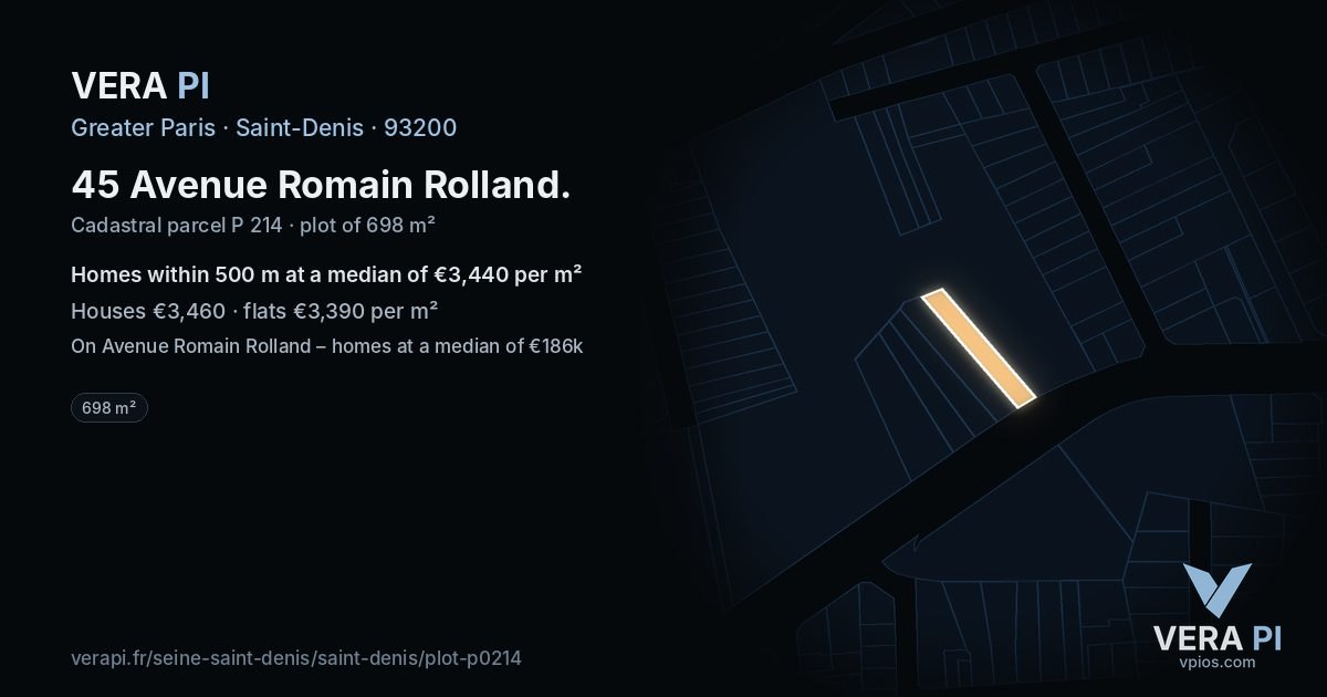45 Avenue Romain Rolland, Saint-Denis at night – the plot lit, the parcels around coloured by the prices near them