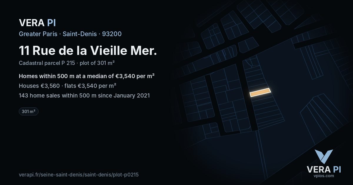 11 Rue de la Vieille Mer, Saint-Denis at night – the plot lit, the parcels around coloured by the prices near them