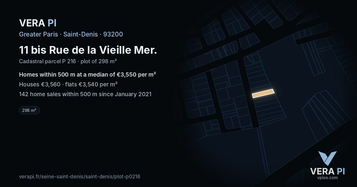 11 bis Rue de la Vieille Mer, Saint-Denis at night – the plot lit, the parcels around coloured by the prices near them
