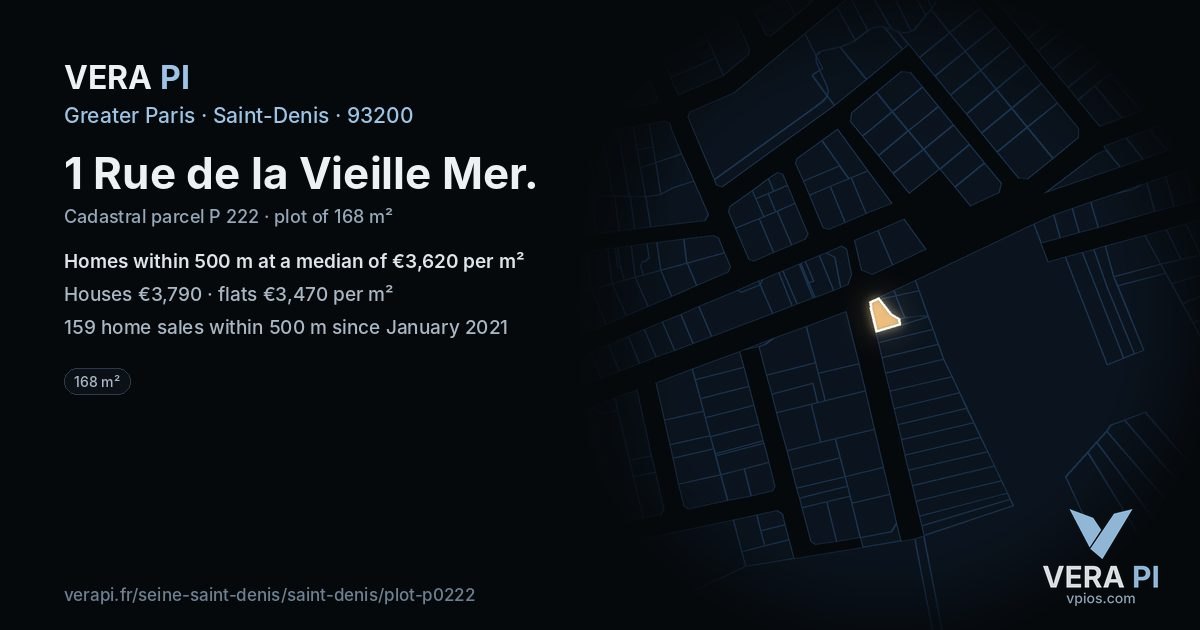 1 Rue de la Vieille Mer, Saint-Denis at night – the plot lit, the parcels around coloured by the prices near them