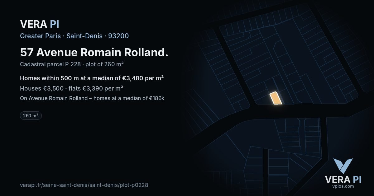 57 Avenue Romain Rolland, Saint-Denis at night – the plot lit, the parcels around coloured by the prices near them