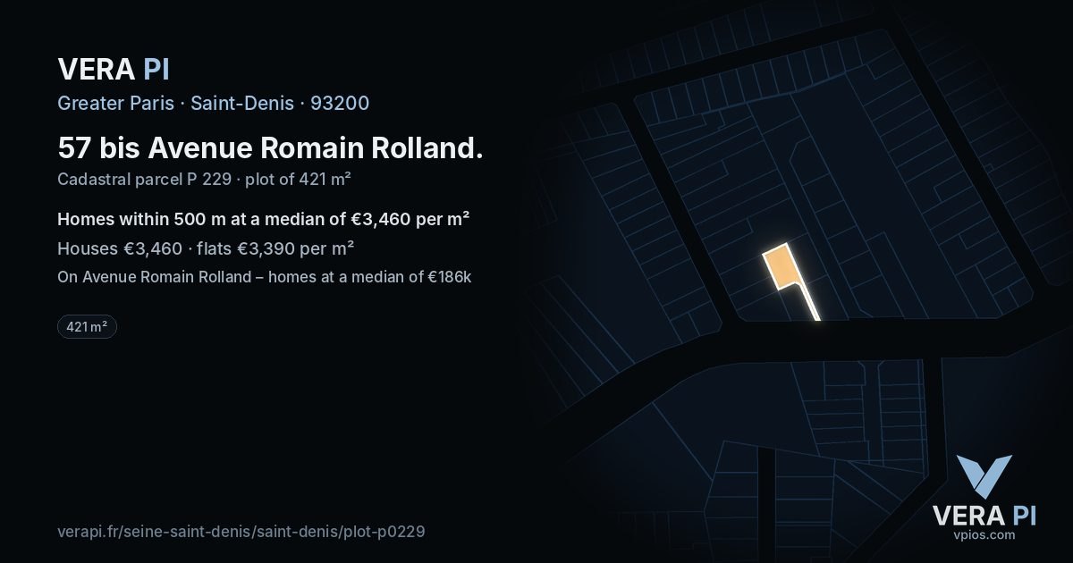 57 bis Avenue Romain Rolland, Saint-Denis at night – the plot lit, the parcels around coloured by the prices near them