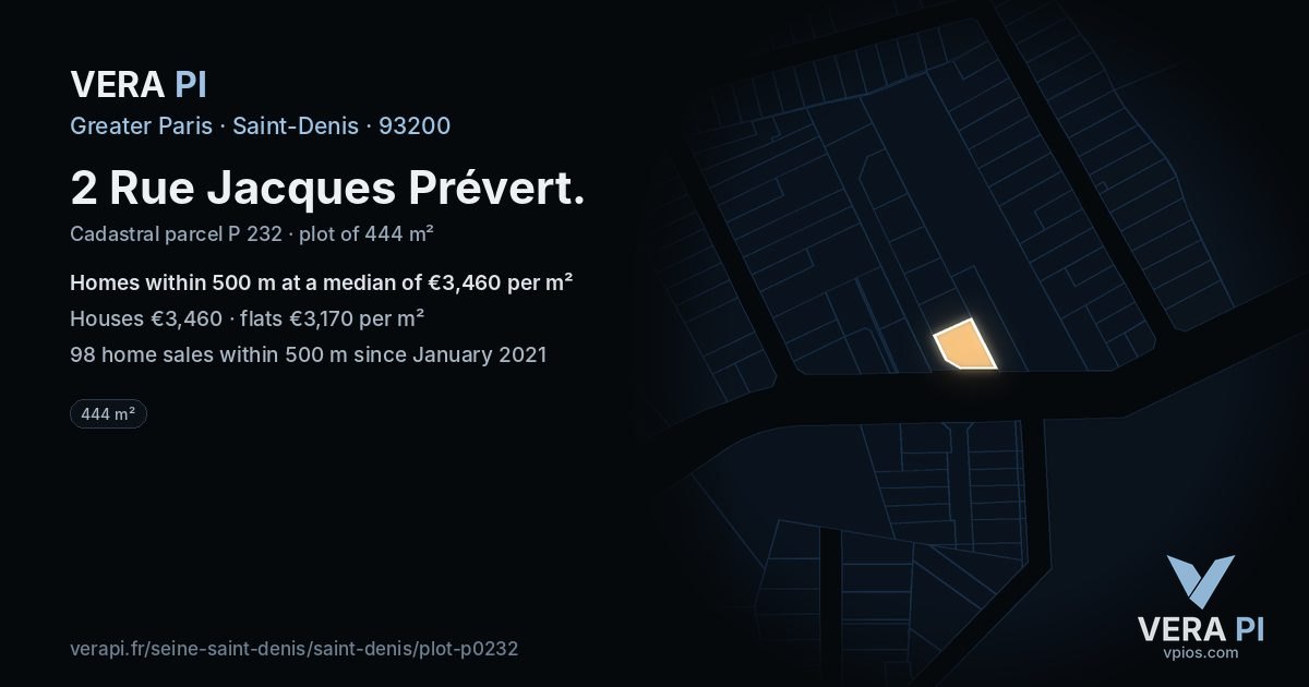 2 Rue Jacques Prévert, Saint-Denis at night – the plot lit, the parcels around coloured by the prices near them