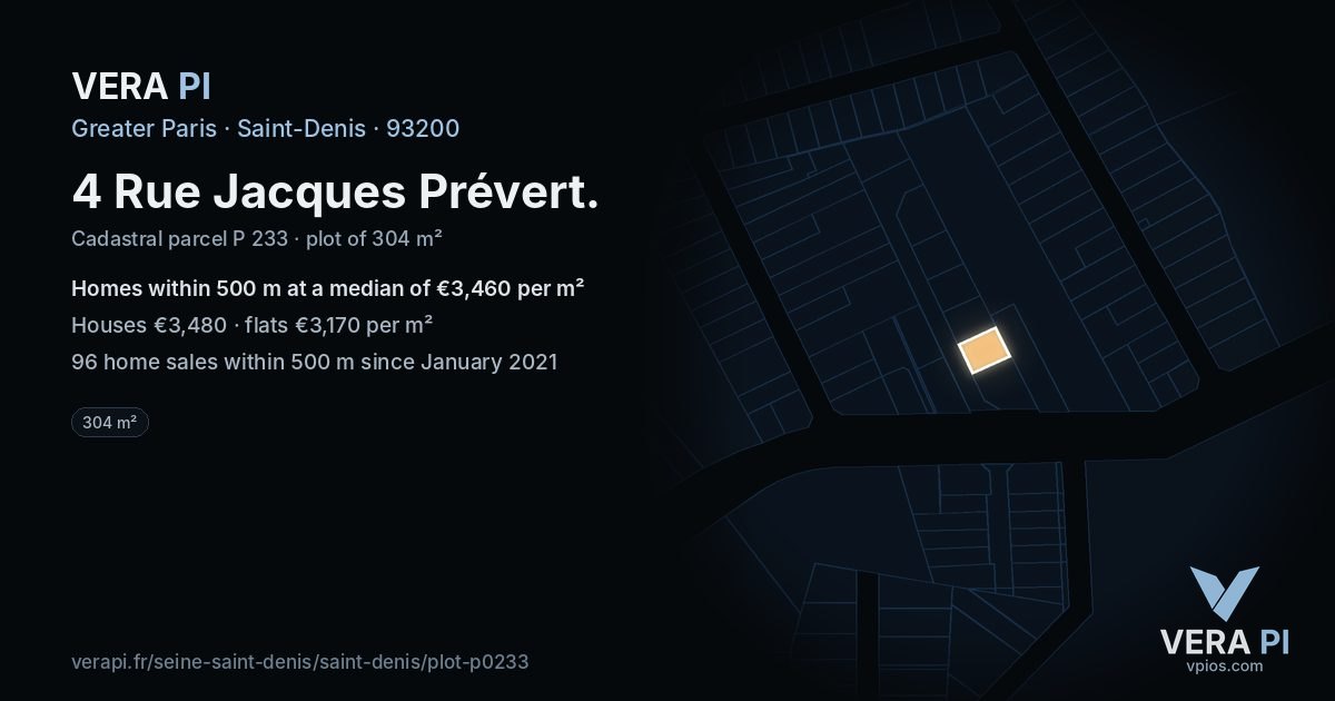 4 Rue Jacques Prévert, Saint-Denis at night – the plot lit, the parcels around coloured by the prices near them