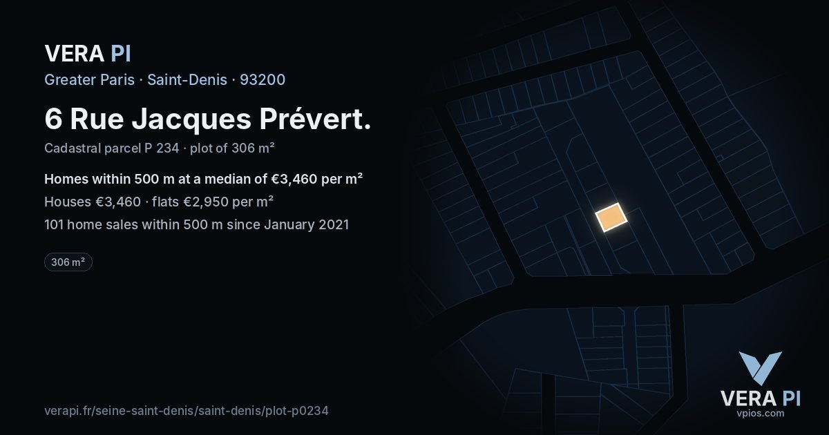 6 Rue Jacques Prévert, Saint-Denis at night – the plot lit, the parcels around coloured by the prices near them