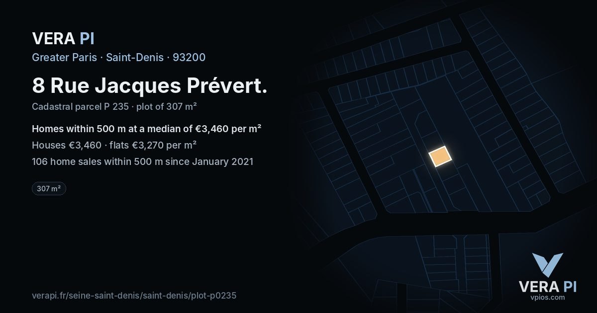 8 Rue Jacques Prévert, Saint-Denis at night – the plot lit, the parcels around coloured by the prices near them