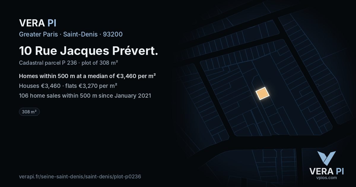 10 Rue Jacques Prévert, Saint-Denis at night – the plot lit, the parcels around coloured by the prices near them
