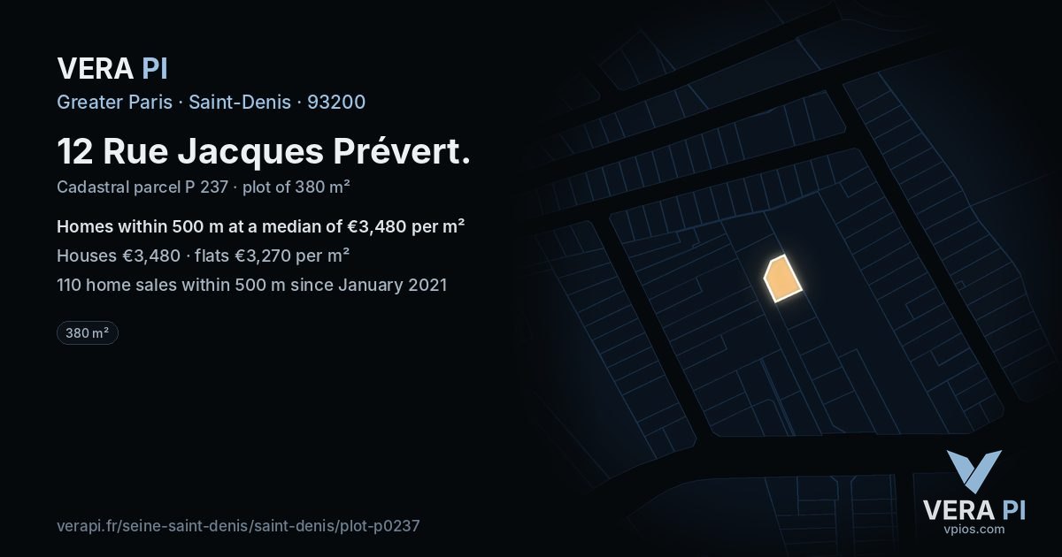 12 Rue Jacques Prévert, Saint-Denis at night – the plot lit, the parcels around coloured by the prices near them