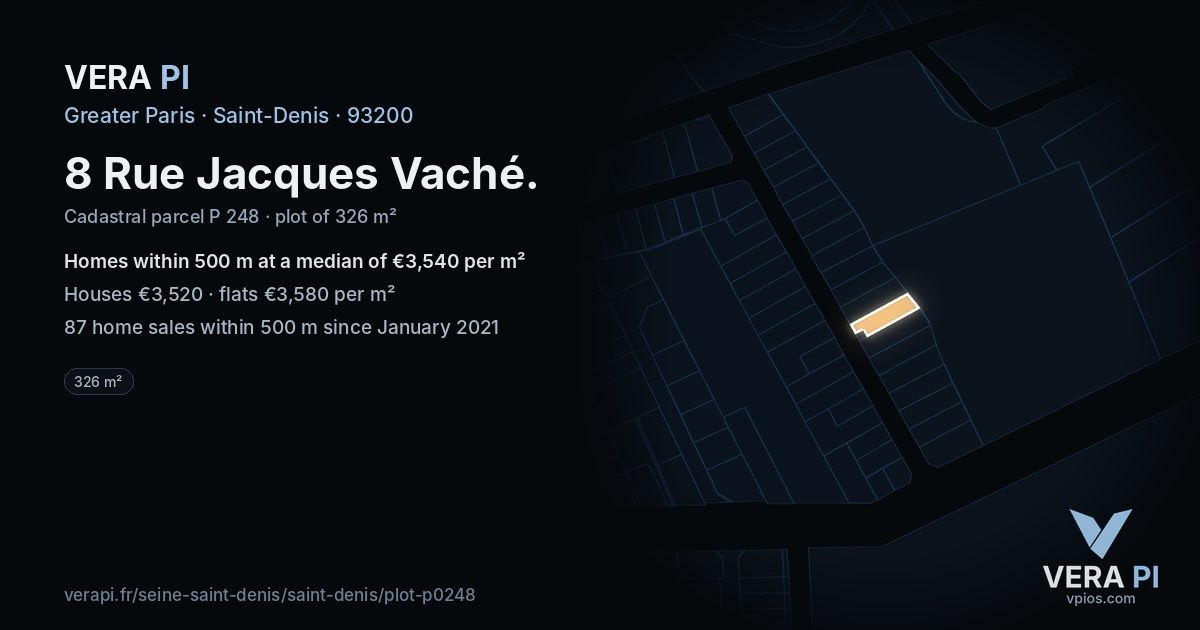 8 Rue Jacques Vaché, Saint-Denis at night – the plot lit, the parcels around coloured by the prices near them