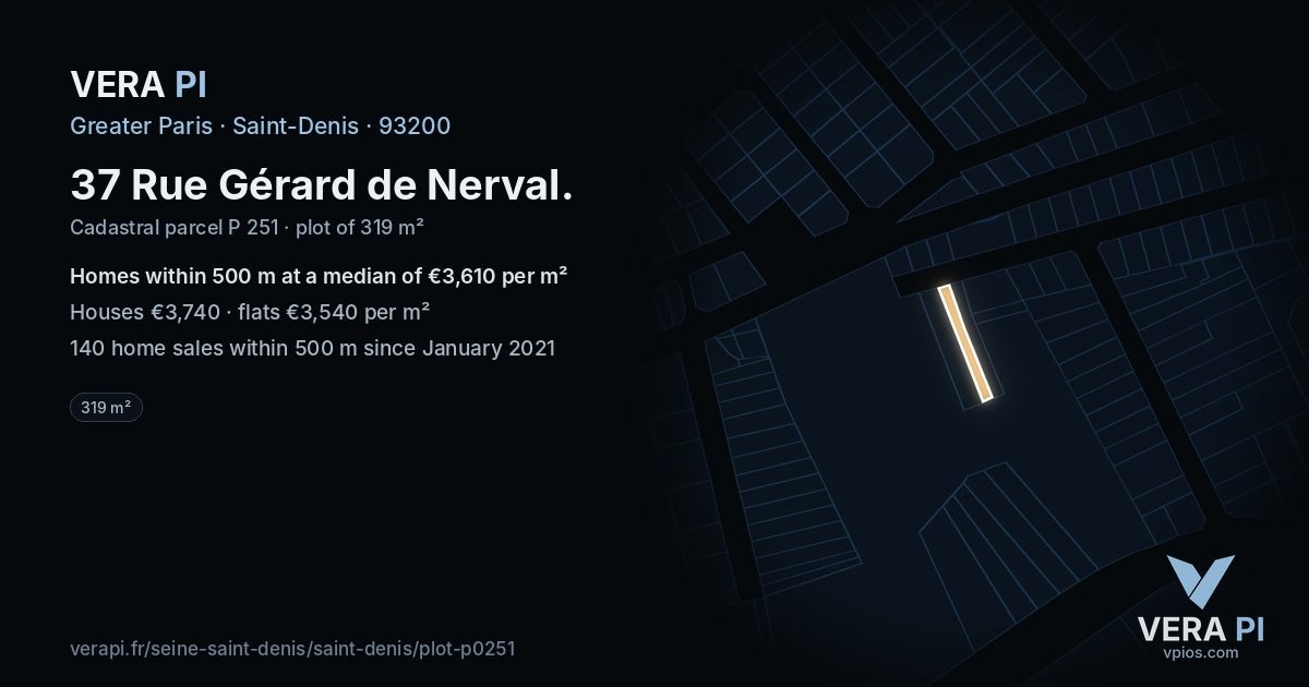 37 Rue Gérard de Nerval, Saint-Denis at night – the plot lit, the parcels around coloured by the prices near them