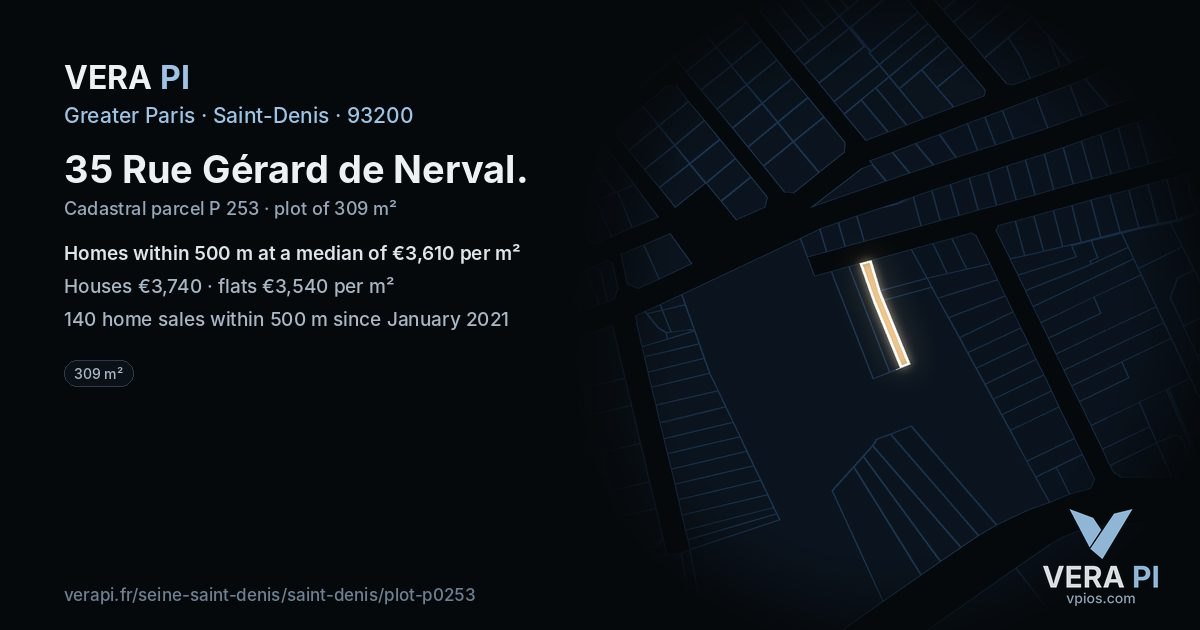 35 Rue Gérard de Nerval, Saint-Denis at night – the plot lit, the parcels around coloured by the prices near them