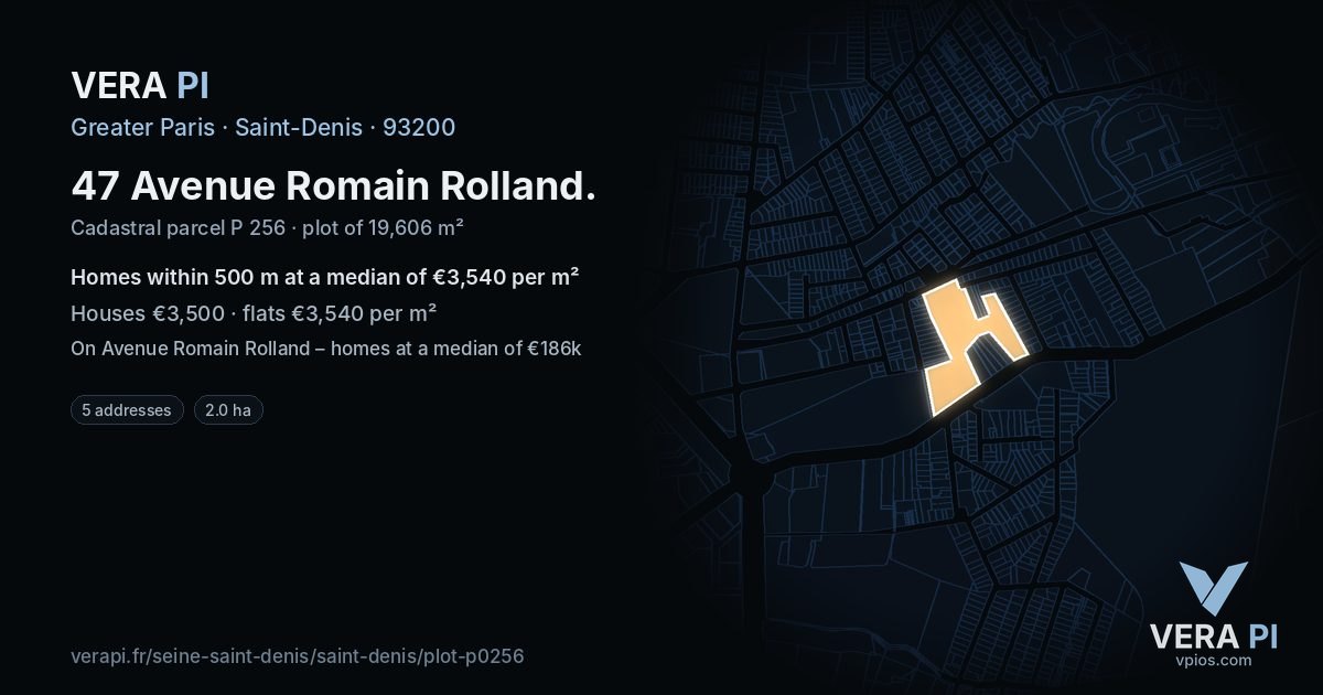 47 Avenue Romain Rolland, Saint-Denis at night – the plot lit, the parcels around coloured by the prices near them