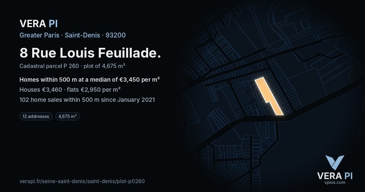 8 Rue Louis Feuillade, Saint-Denis at night – the plot lit, the parcels around coloured by the prices near them