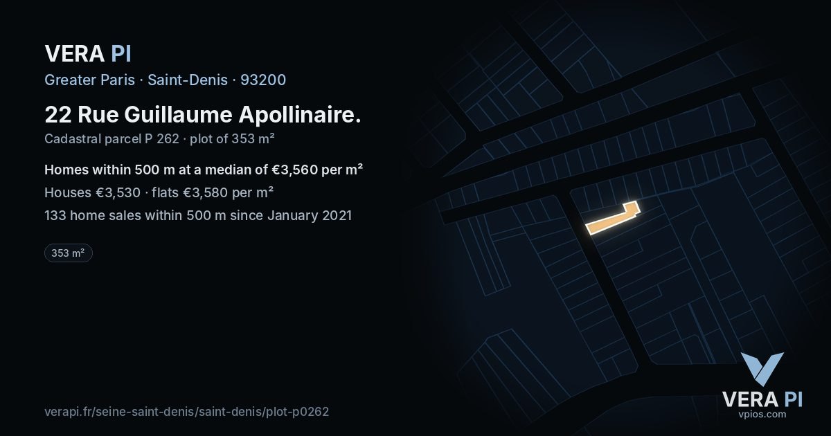 22 Rue Guillaume Apollinaire, Saint-Denis at night – the plot lit, the parcels around coloured by the prices near them