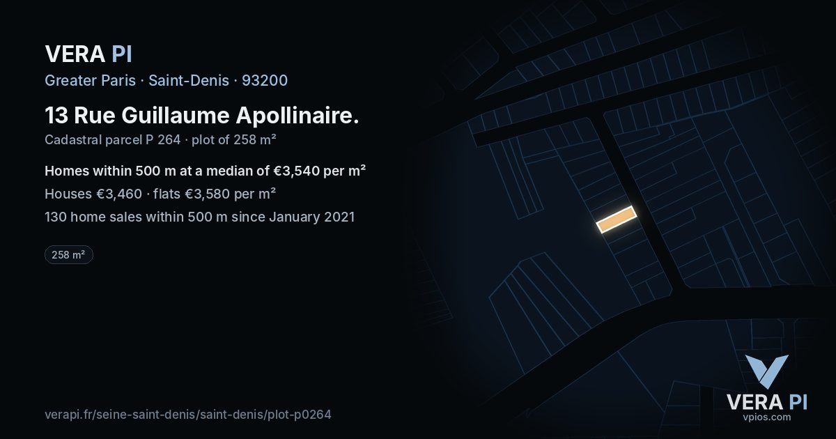 13 Rue Guillaume Apollinaire, Saint-Denis at night – the plot lit, the parcels around coloured by the prices near them