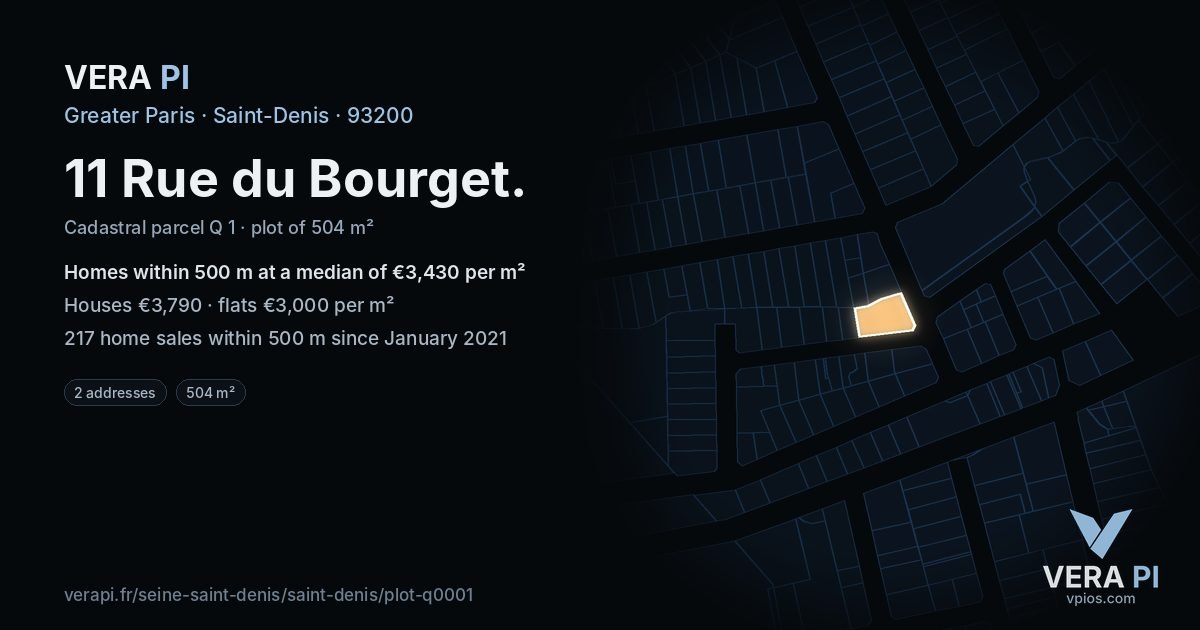 11 Rue du Bourget, Saint-Denis at night – the plot lit, the parcels around coloured by the prices near them