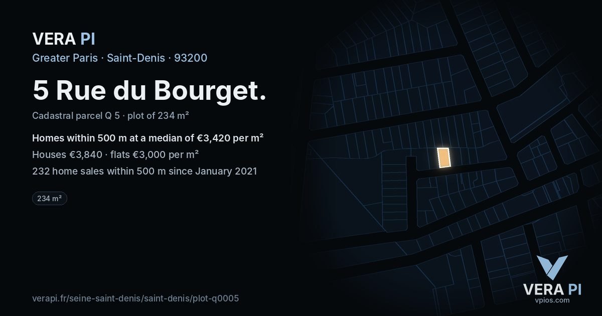 5 Rue du Bourget, Saint-Denis at night – the plot lit, the parcels around coloured by the prices near them