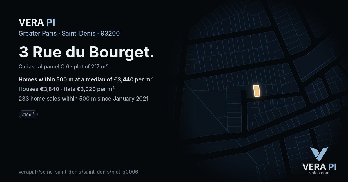 3 Rue du Bourget, Saint-Denis at night – the plot lit, the parcels around coloured by the prices near them