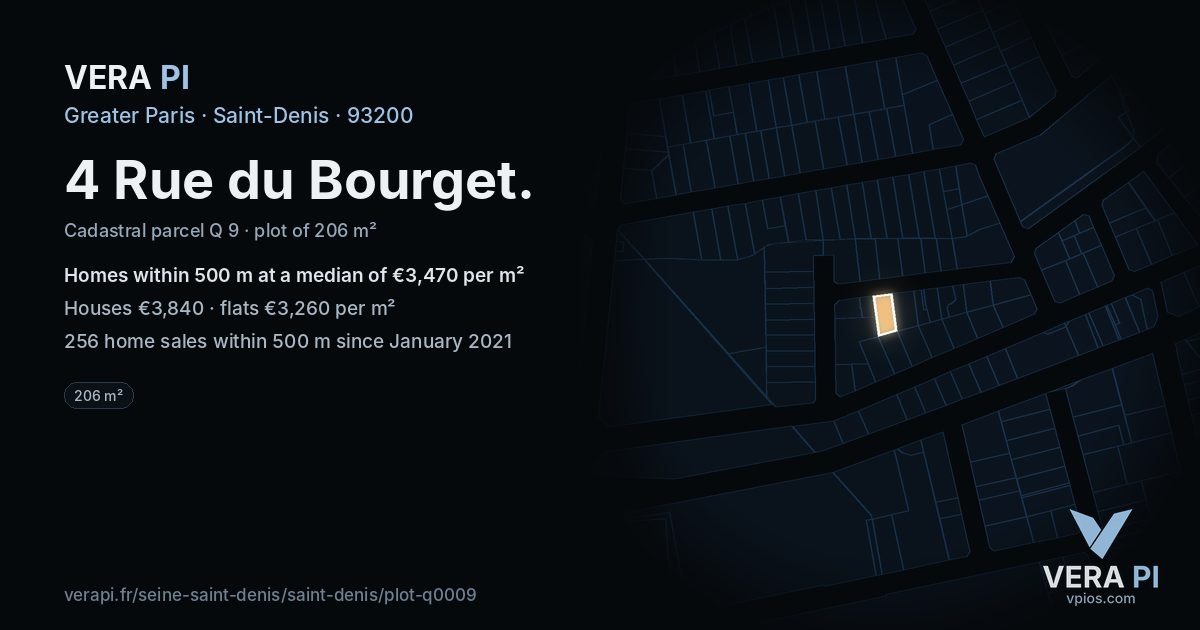 4 Rue du Bourget, Saint-Denis at night – the plot lit, the parcels around coloured by the prices near them
