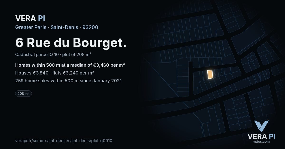 6 Rue du Bourget, Saint-Denis at night – the plot lit, the parcels around coloured by the prices near them
