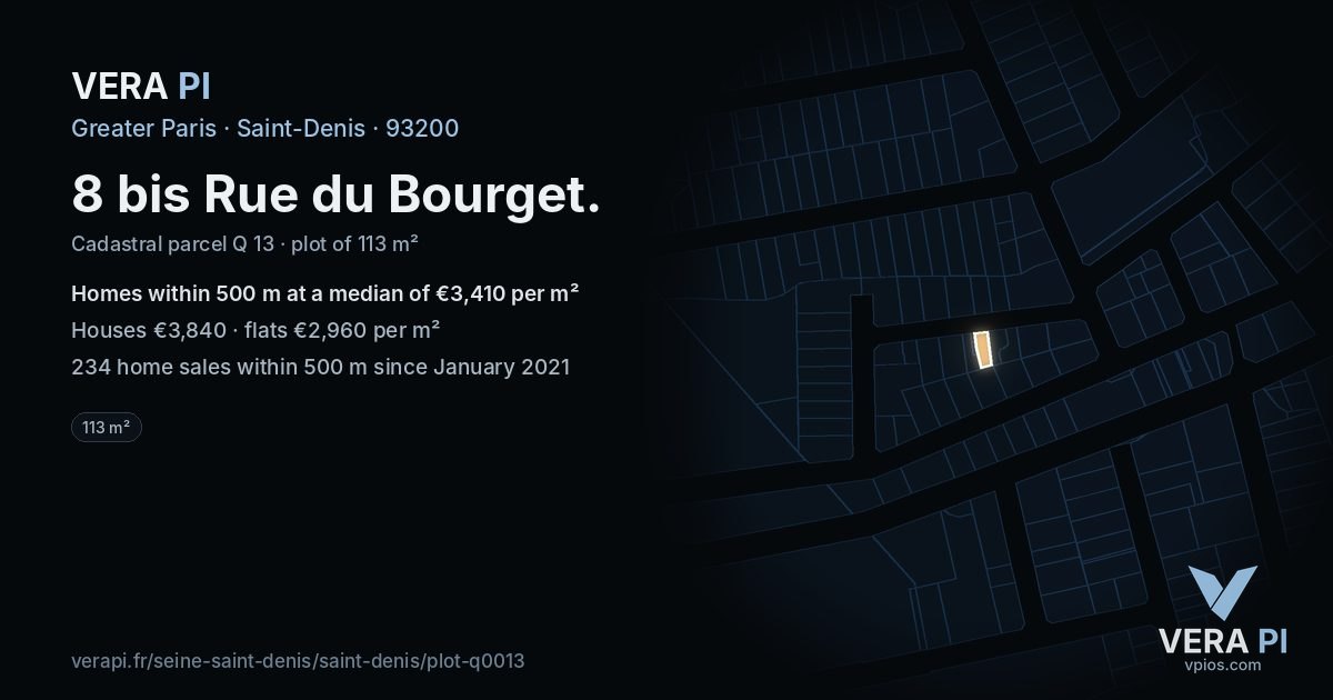 8 bis Rue du Bourget, Saint-Denis at night – the plot lit, the parcels around coloured by the prices near them