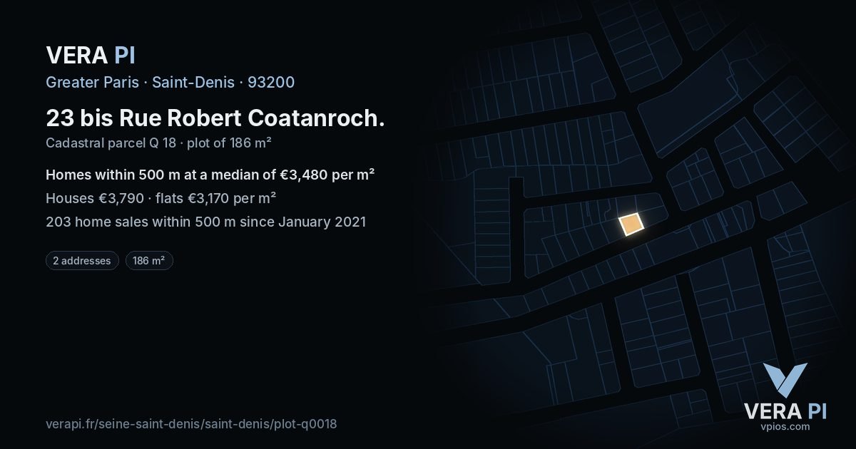 23 bis Rue Robert Coatanroch, Saint-Denis at night – the plot lit, the parcels around coloured by the prices near them