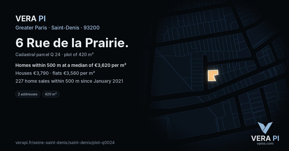 6 Rue de la Prairie, Saint-Denis at night – the plot lit, the parcels around coloured by the prices near them