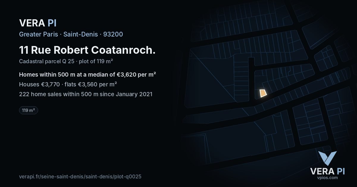 11 Rue Robert Coatanroch, Saint-Denis at night – the plot lit, the parcels around coloured by the prices near them