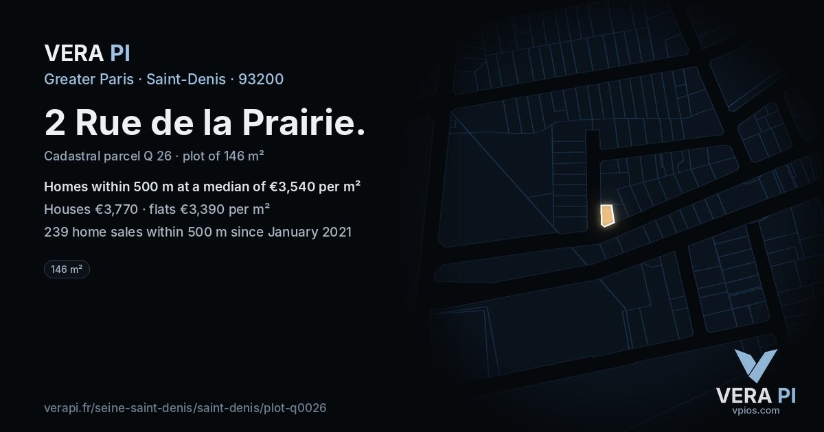 2 Rue de la Prairie, Saint-Denis at night – the plot lit, the parcels around coloured by the prices near them
