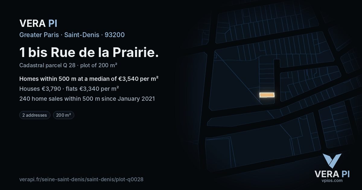1 bis Rue de la Prairie, Saint-Denis at night – the plot lit, the parcels around coloured by the prices near them