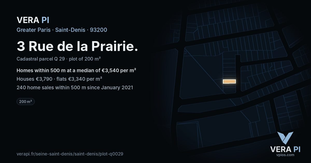 3 Rue de la Prairie, Saint-Denis at night – the plot lit, the parcels around coloured by the prices near them