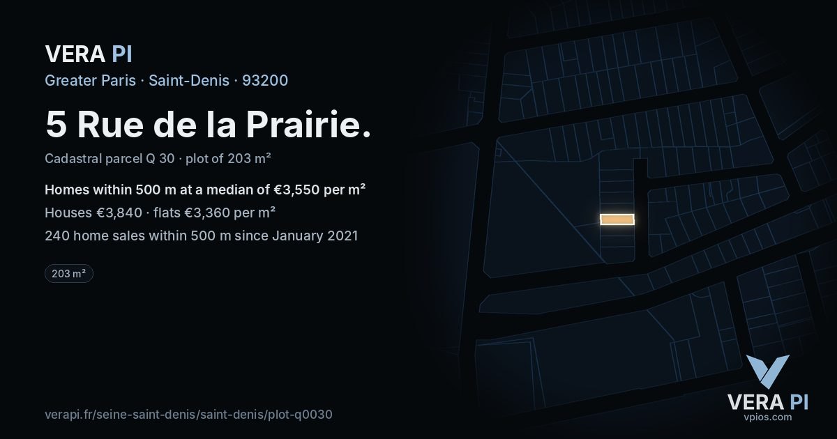 5 Rue de la Prairie, Saint-Denis at night – the plot lit, the parcels around coloured by the prices near them