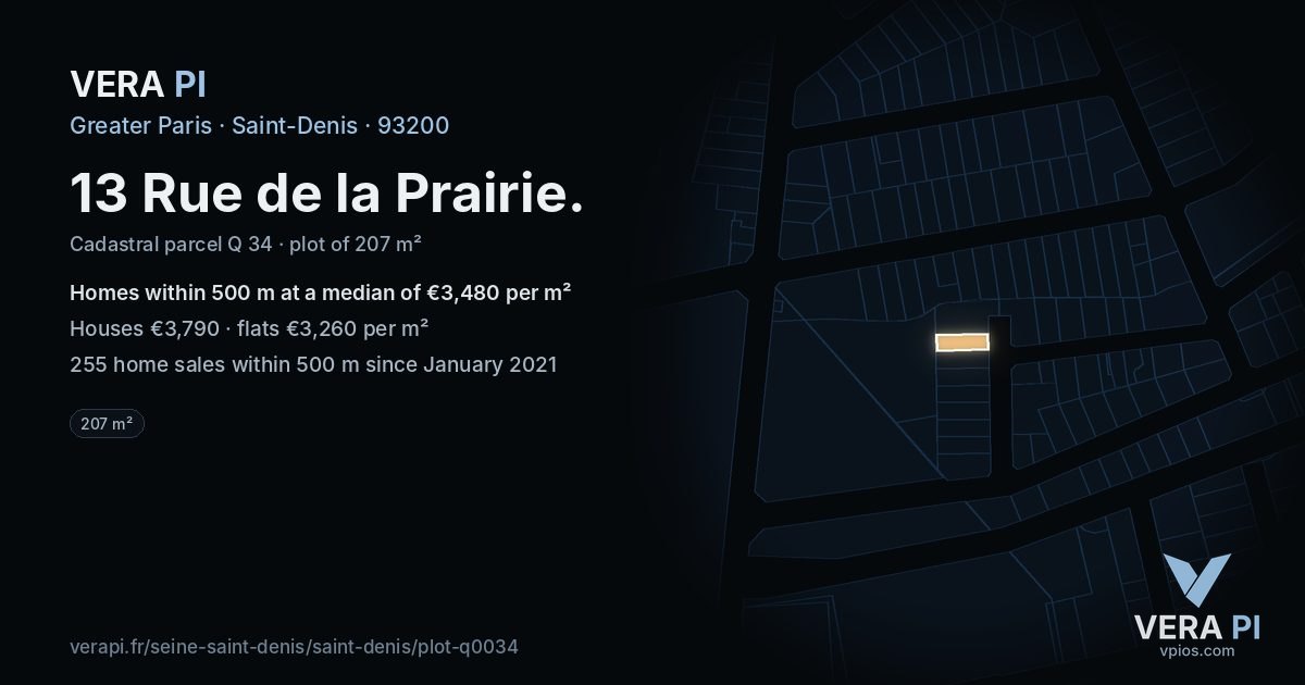 13 Rue de la Prairie, Saint-Denis at night – the plot lit, the parcels around coloured by the prices near them